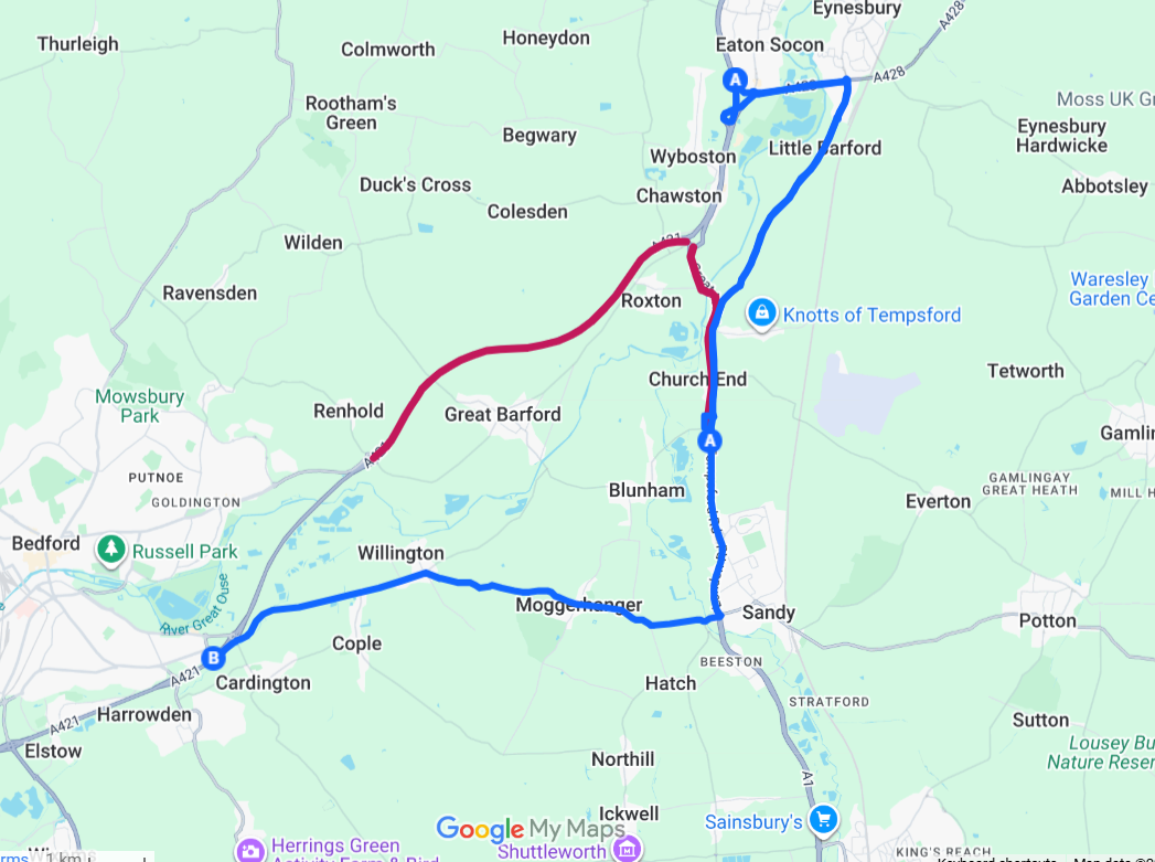 A1 Northbound and A421 eastbound diversion map