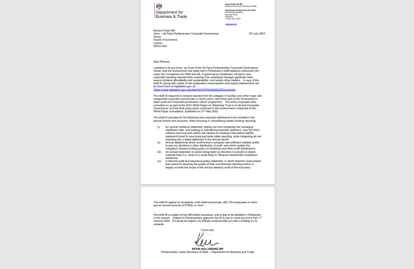 Letter to Richard about new SI on Corporate Reporting