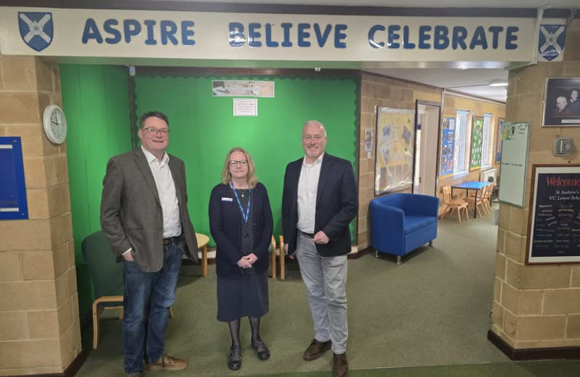 Richard Fuller MP at St Andrew's School Biggleswade with Head Teacher Sue Rolfe and school governor, Cllr Jonathan Woodhead