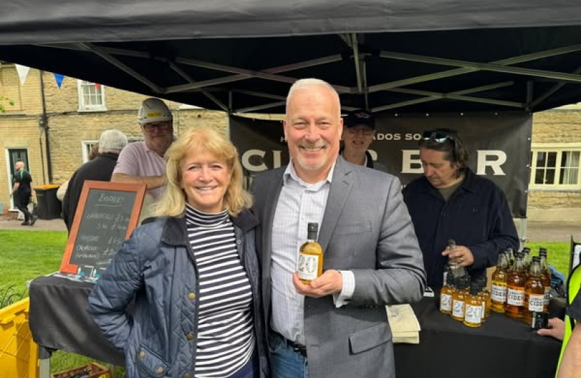 Richard Fuller with Alison Foster at the Harrold Calvados Society Stand