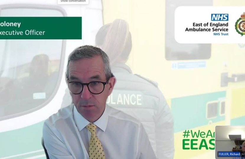 Screenshot of Richard Fuller MP meeting online with Chief Executive of the East of England Ambulance Service NHS Trust (EEAST), Neill Moloney