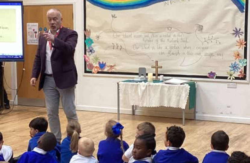 Richard speaking to the the students during assembly at St James' Primary