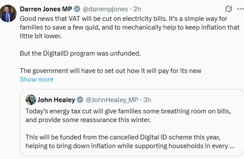 Screenshot of Darren Jones' tweet