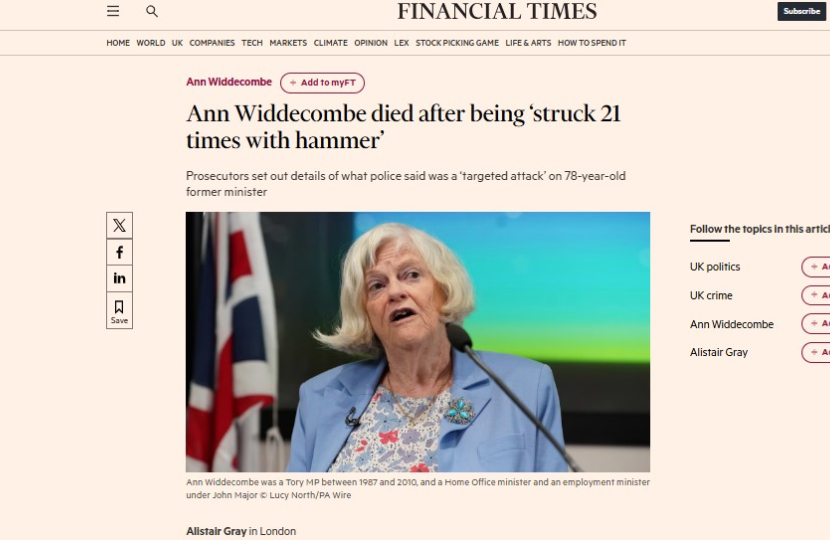 FT Headline screenshot about Ann Widdecombe