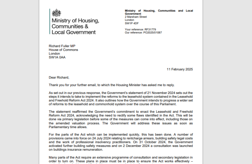 Image of Housing department reply to Richard on Freehold and Leasehold Reform