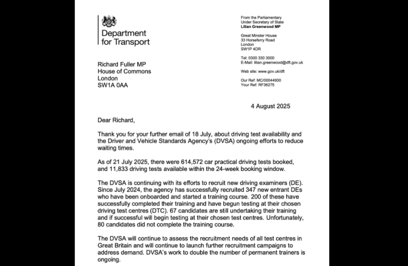Image of letter from Minister to Richard Fuller re driving tests