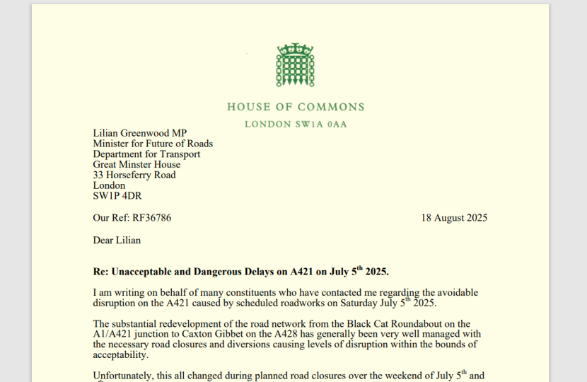 Image of Richard Fuller MP's letter to the Roads Minister about A421 delays in July