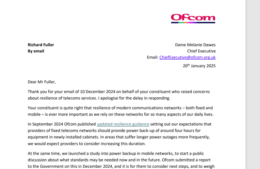 Image of letter from OFCOM to Richard Fuller MP on Digital Voice transition