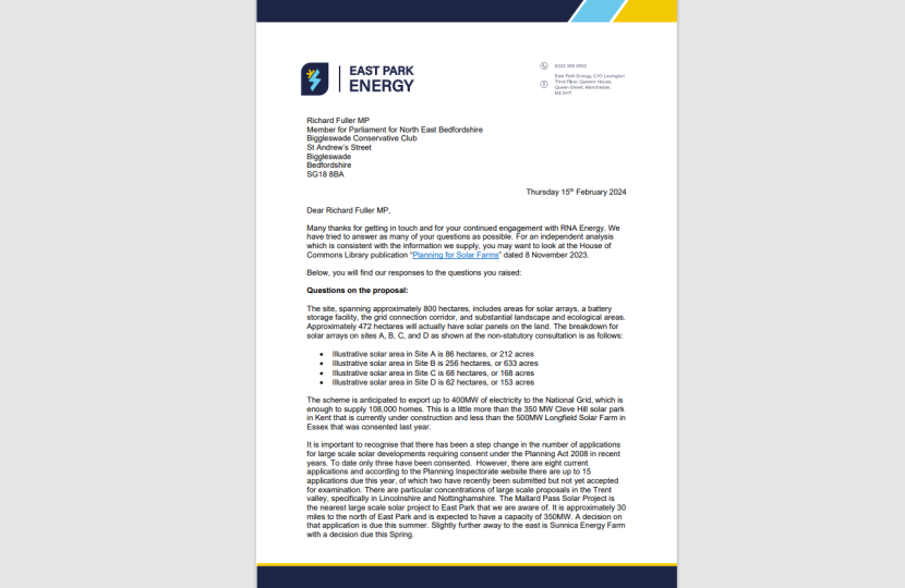 Screenshot of reply from RNA Energy