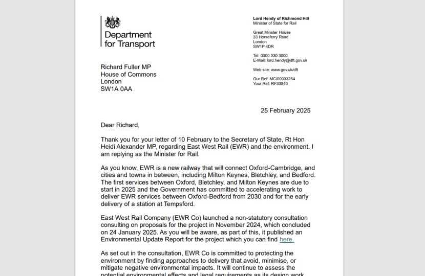 Image of Rail Minister's reply on environmental protections in EWR