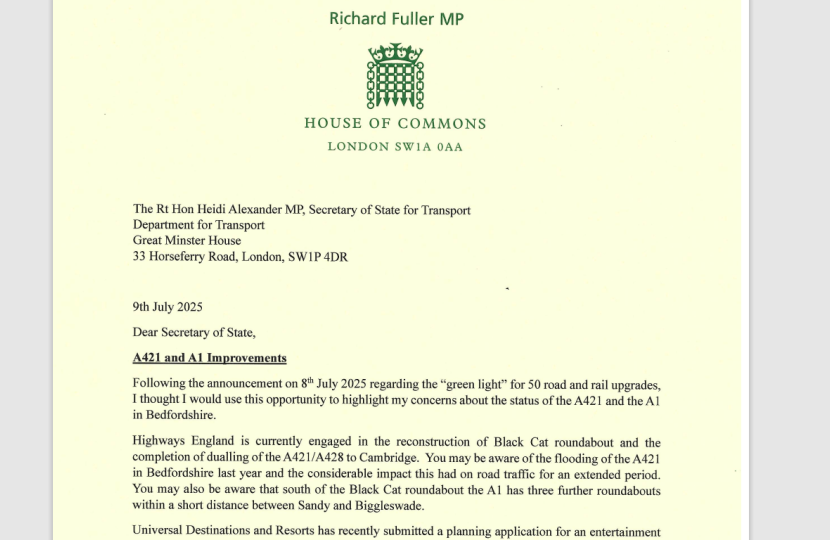 Image of letter to the SoS re A1 and A421