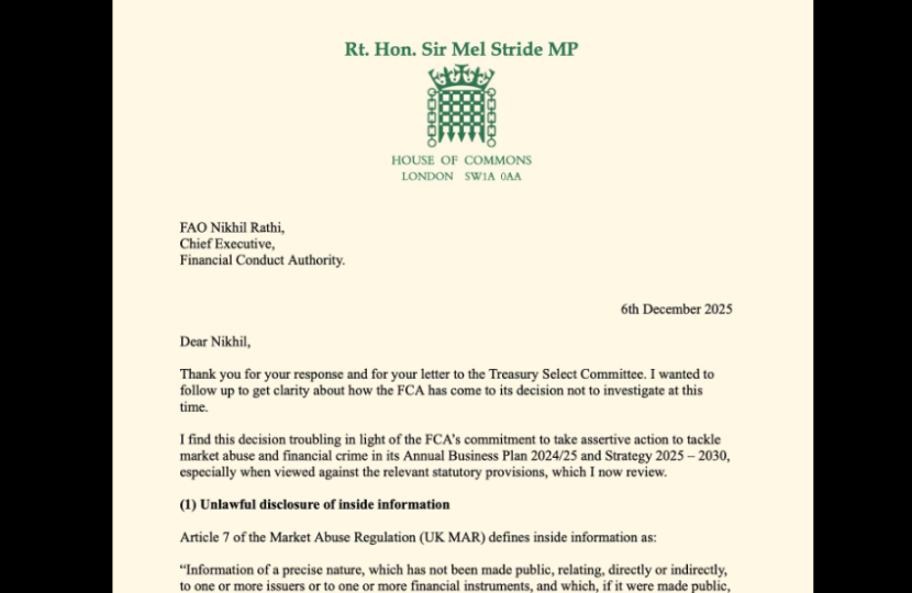 image of Sir Mel Stride's letter to the FCA