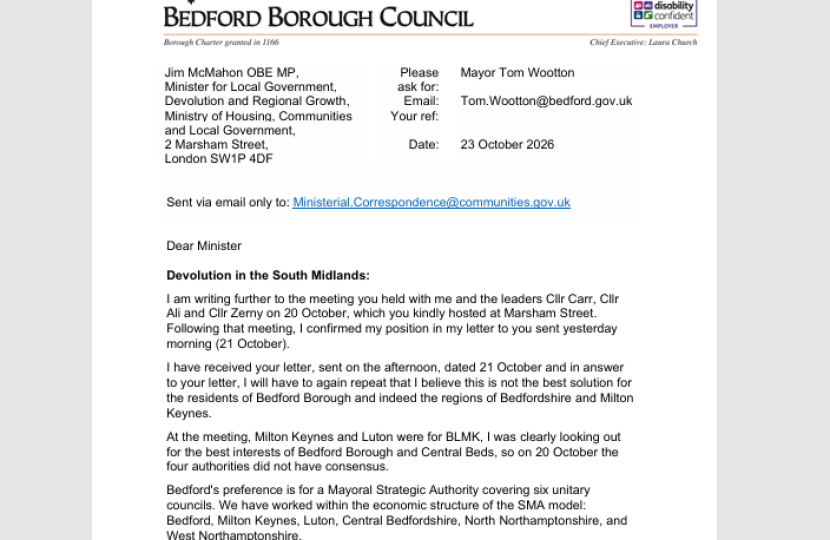 Screenshot of Mayor Tom Wootton's letter to Minister