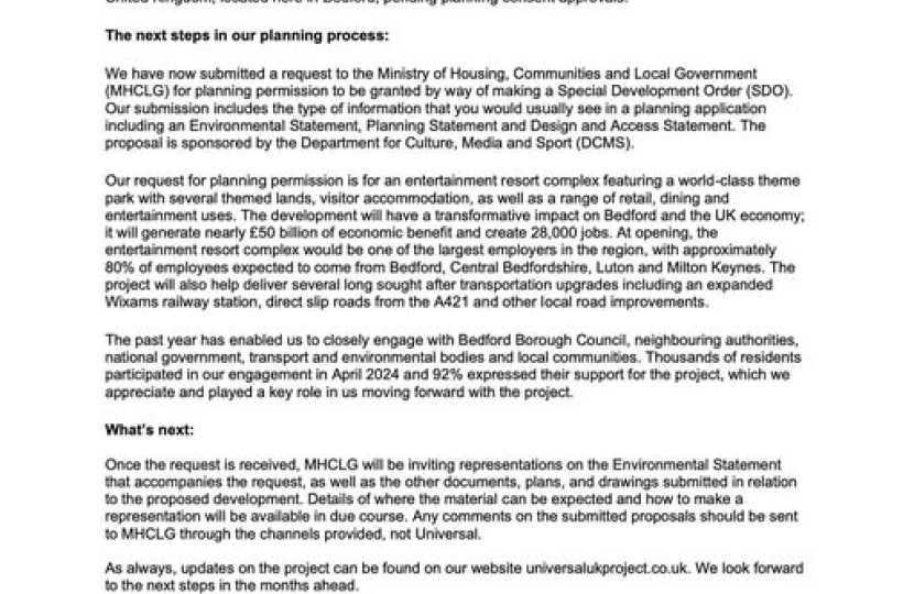 Image of letter from Universal re planning application