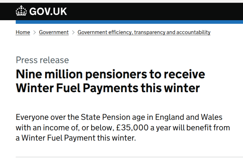 Image of government press release on winter fuel