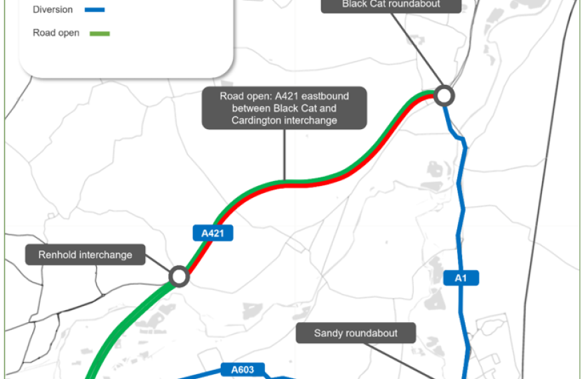 National Highways A421 Westbound diversion map