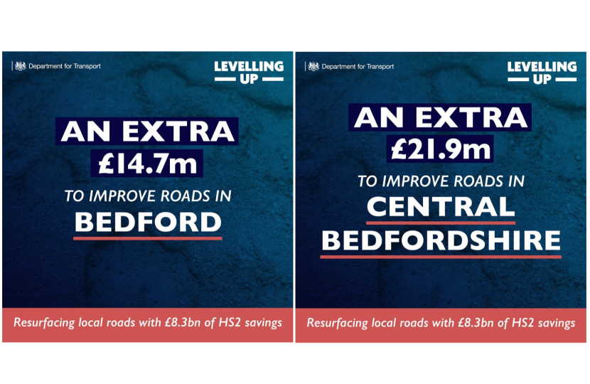 Road funding allocation graphics for Bedford Borough and Central Bedfordshire councils