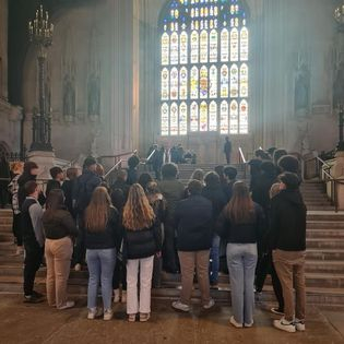 A group of students from Sharnbrook Academy with Richard in Westminster Hall