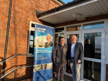 Richard with Northill Councillor outside Moggerhanger Village Hall