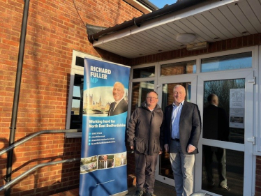 Richard with Northill Councillor outside Moggerhanger Village Hall