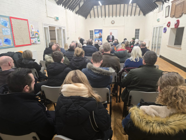 Richard speaking at Willington Town Hall meeting in January 2026