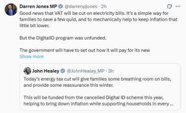 Screenshot of Darren Jones' tweet
