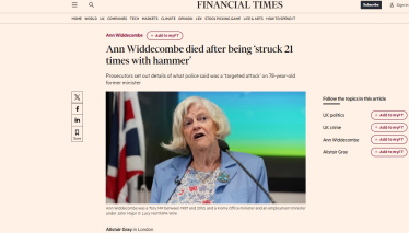 FT Headline screenshot about Ann Widdecombe