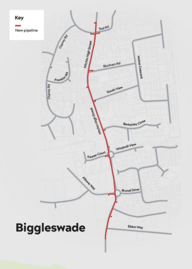 Map of Pipe Upgrades to Hitchin Street Biggleswade 