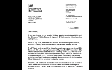 Image of letter from Minister to Richard Fuller re driving tests