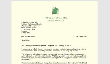 Image of Richard Fuller MP's letter to the Roads Minister about A421 delays in July