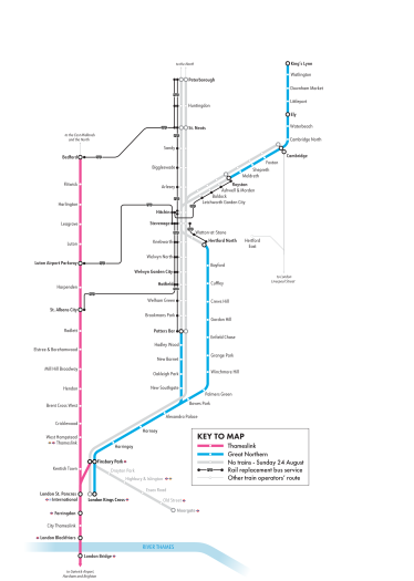 Map Showing services on Sunday 24 August