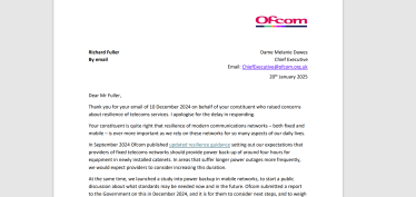 Image of letter from OFCOM to Richard Fuller MP on Digital Voice transition