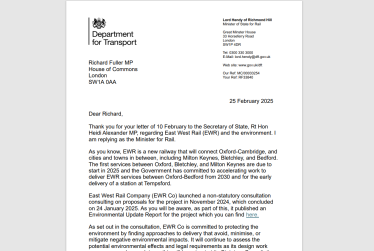 Image of Rail Minister's reply on environmental protections in EWR