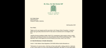 image of Sir Mel Stride's letter to the FCA