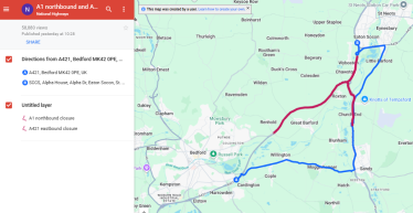 A421 and A1 diversion map