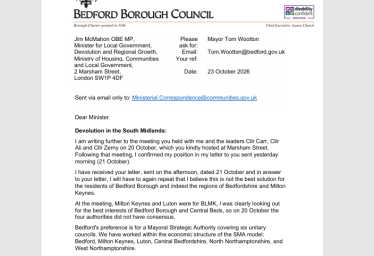 Screenshot of Mayor Tom Wootton's letter to Minister