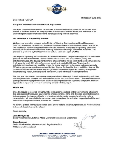 Image of letter from Universal re planning application