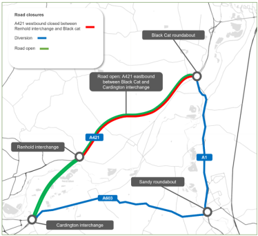 National Highways A421 Westbound diversion map