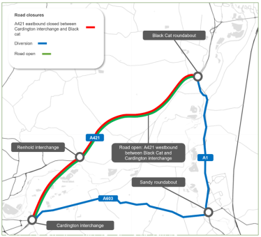 A421 Eastbound diversion February 2026
