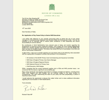 Image of Richard Fuller MP's letter to Wes Streeting